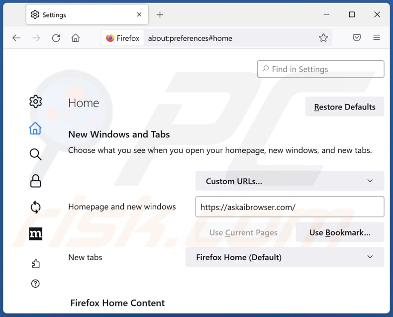 Rimozione di askaibrowser.com dalla home page di Mozilla Firefox