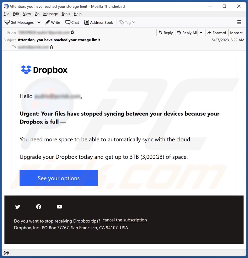 Dropbox Is Full campagna di posta indesiderata