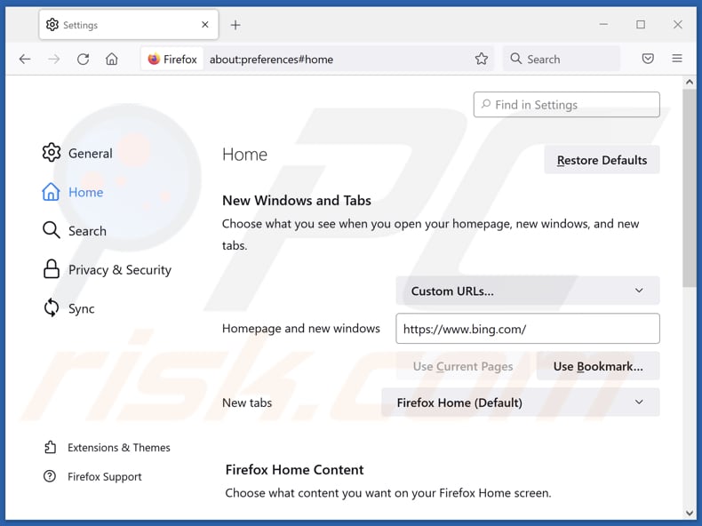 Rimozione di bing.com dalla home page di Mozilla Firefox