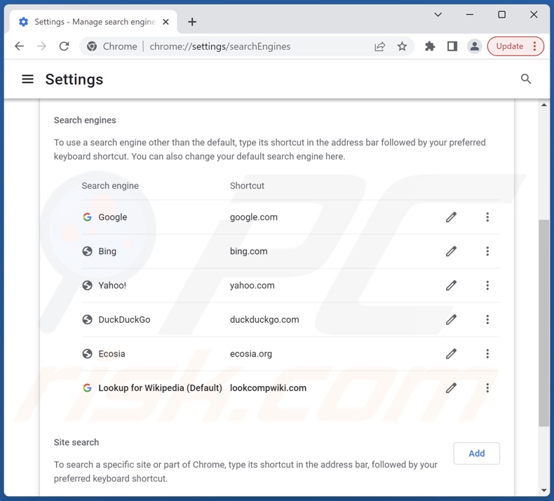 Rimozione di lookcompwiki.com dal motore di ricerca predefinito di Google Chrome