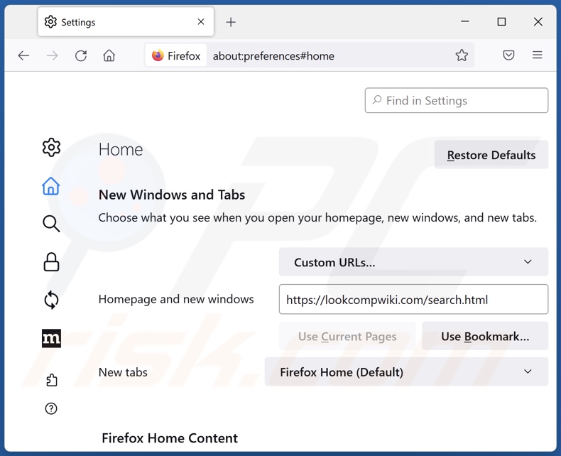Rimozione di lookcompwiki.com dalla home page di Mozilla Firefox