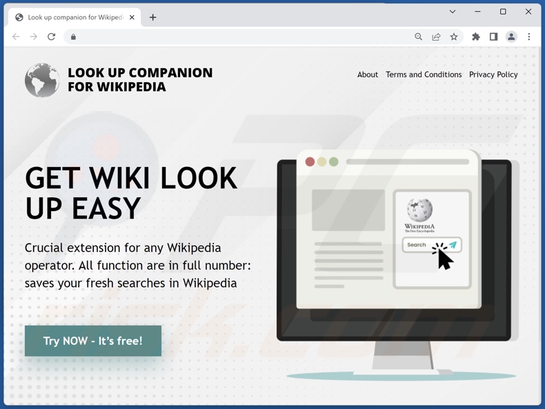 Sito web che promuove il dirottatore del browser Lookup for Wikipedia