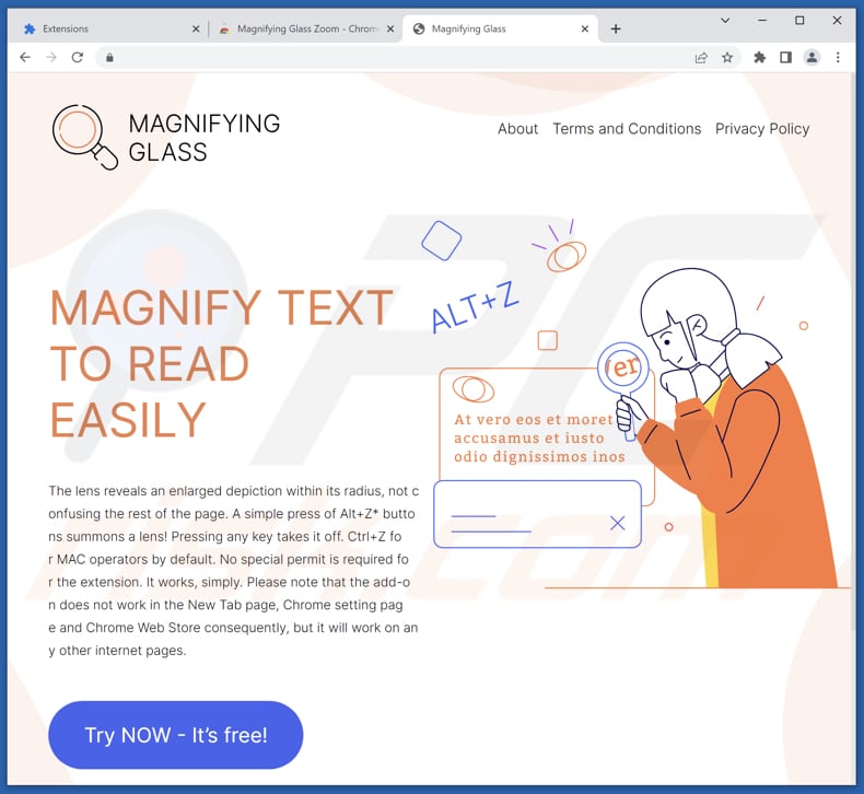 Altra pagina ingannevole che promuove Magnifying Glass Zoom