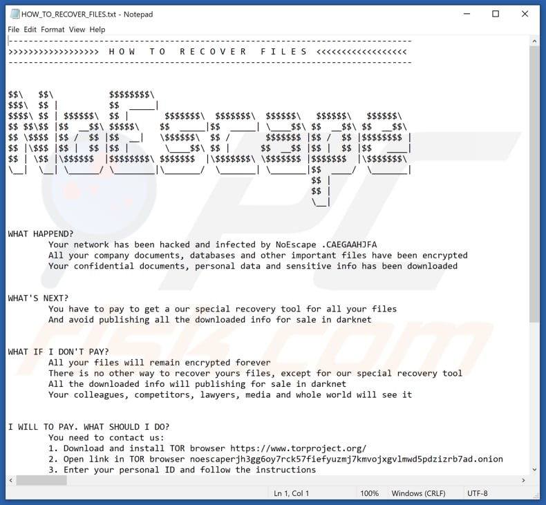 Screenshot del file di testo di NoEscape (