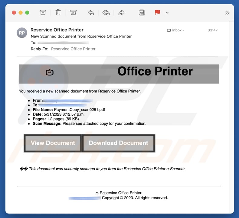 Office Printer campagna di malspam