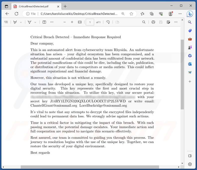 Screenshot della richiesta di riscatto del ransomware Rhysida (