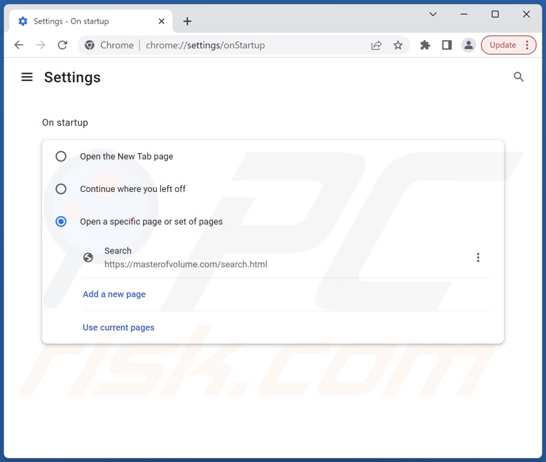 Rimozione di masterofvolume.com dalla home page di Google Chrome