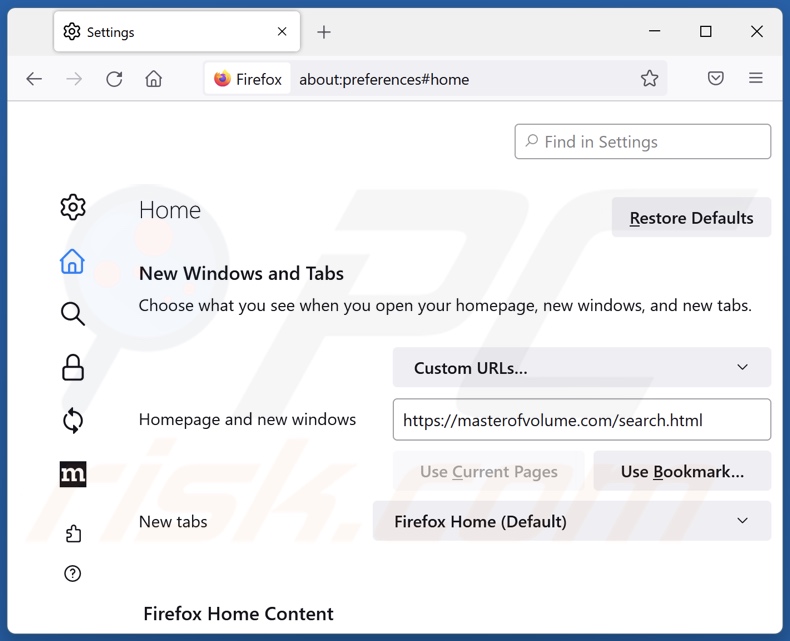 Rimozione di masterofvolume.com dalla home page di Mozilla Firefox