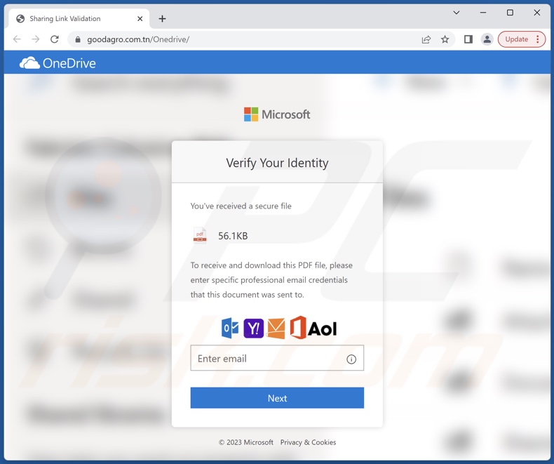 Screenshot del sito Web di phishing promosso dalla campagna di spam 