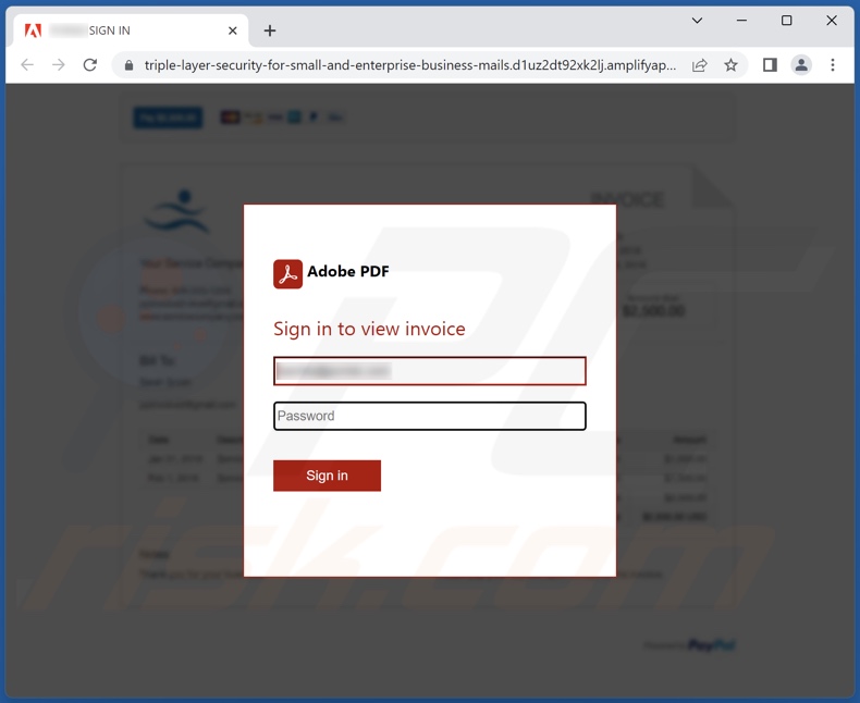 Screenshot del sito Web di phishing promosso dalla campagna di spam 