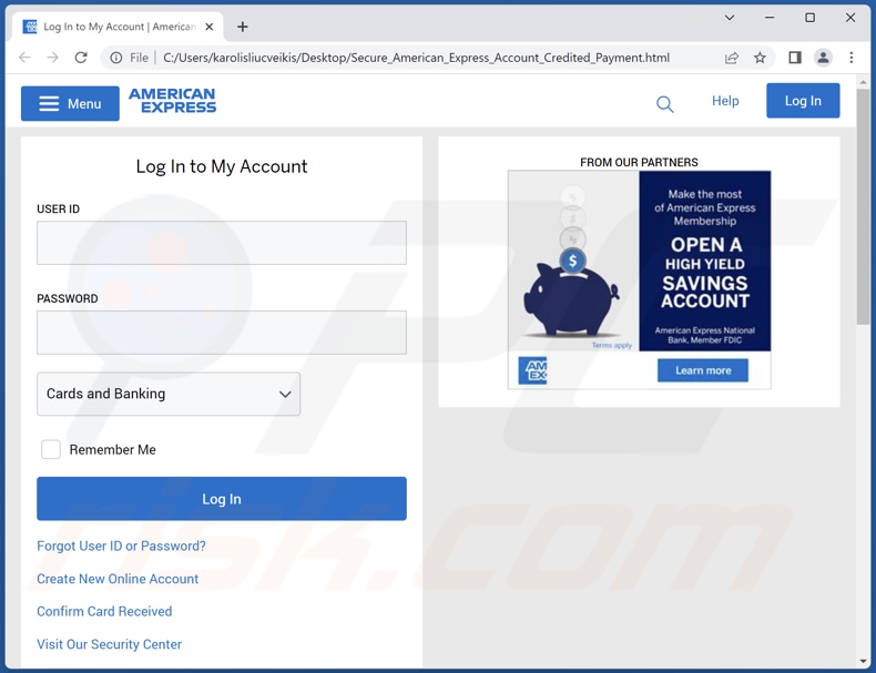 American Express Merchant Reward truffa e-mail promossa allegato di phishing (Secure_American_Express_Account_Credited_Payment.html)
