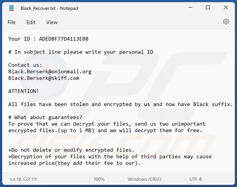 Screenshot del file di testo del ransomware Black Berserk (