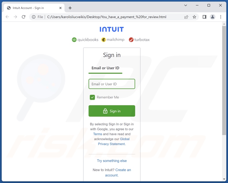 Intuit QuickBooks Invoice Screenshot del file di phishing allegato a questa email spam (