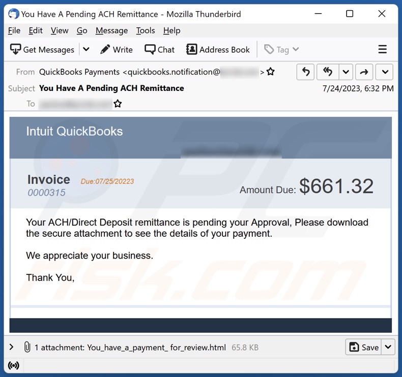 Intuit QuickBooks Invoice campagna di spam via e-mail
