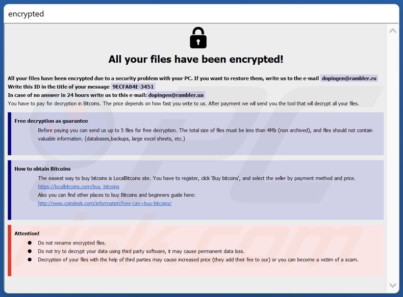 Schermata della finestra pop-up del ransomware Lucky (