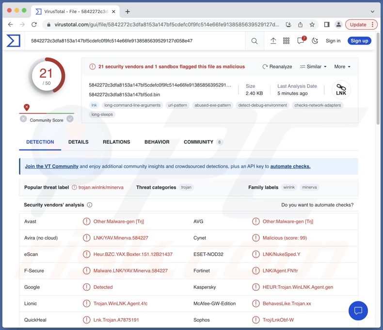 Rilevamenti di malware NokNok su VirusTotal