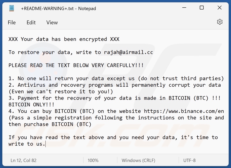 Schermata del file di testo di Rajah ransomware (