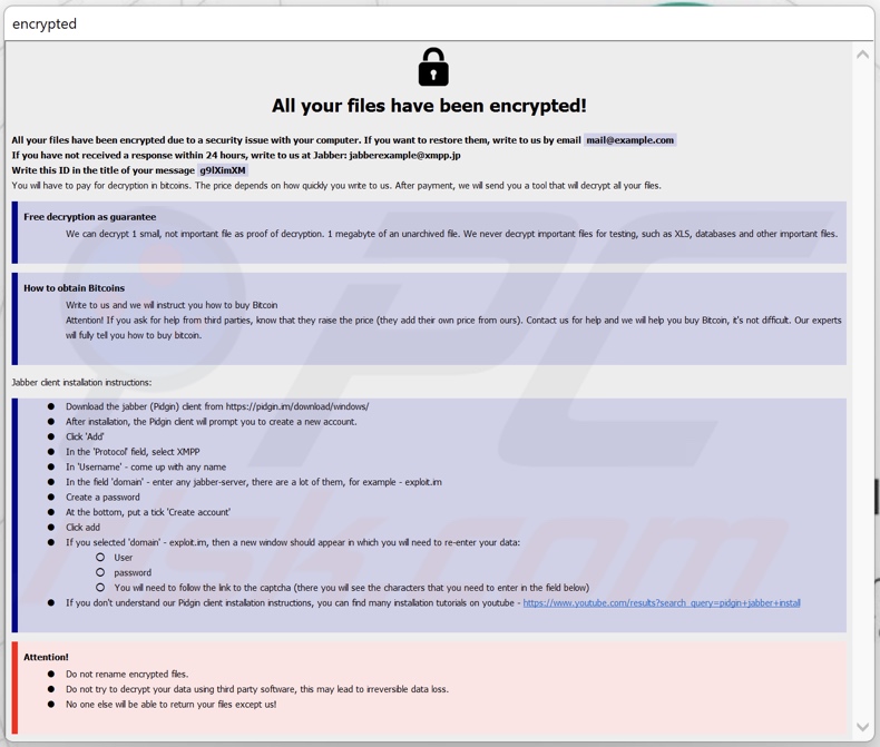 Screenshot della finestra pop-up di SophosEncrypt ransomware (