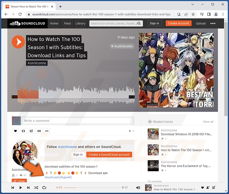 Esempio di un account SoundCloud compromesso utilizzato per promuovere malware (collegamento dannoso nella descrizione del brano)