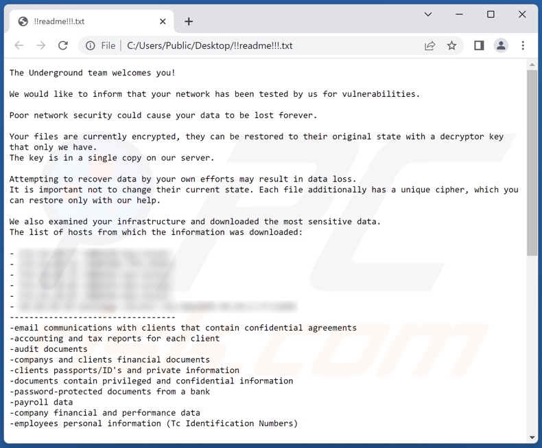 Schermata del file di testo del ransomware Underground Team