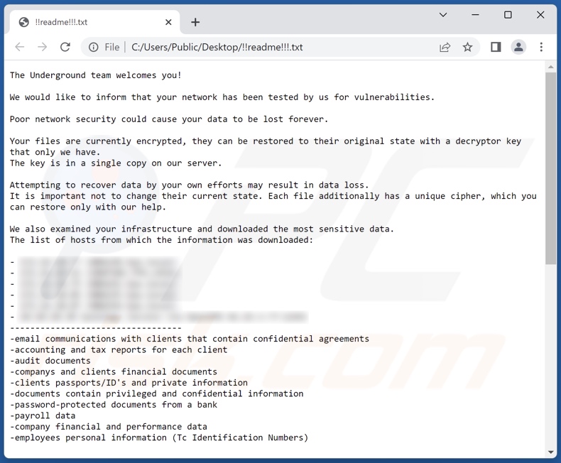 Schermata del file di testo del ransomware Underground Team
