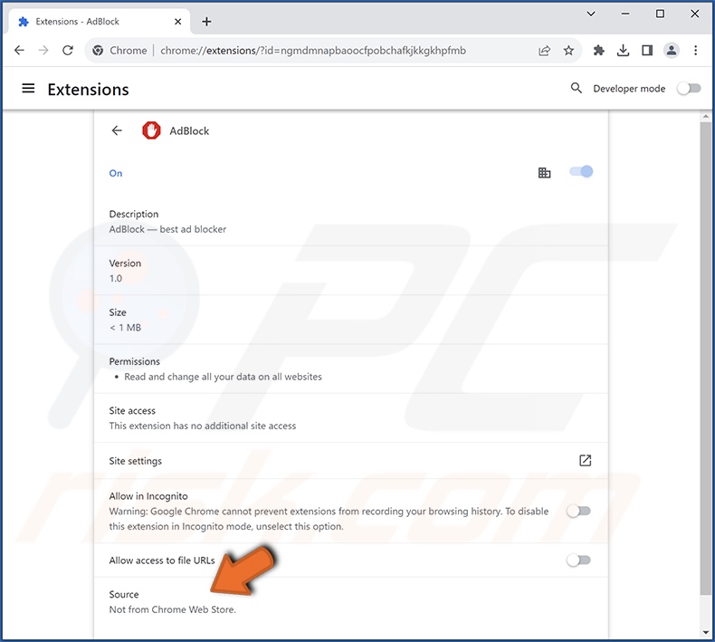 Schermata dei dettagli dell'estensione adware AdBlock