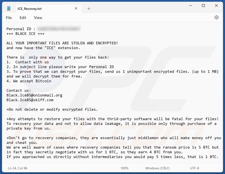 Schermata del file di testo del ransomware BLACK ICE (