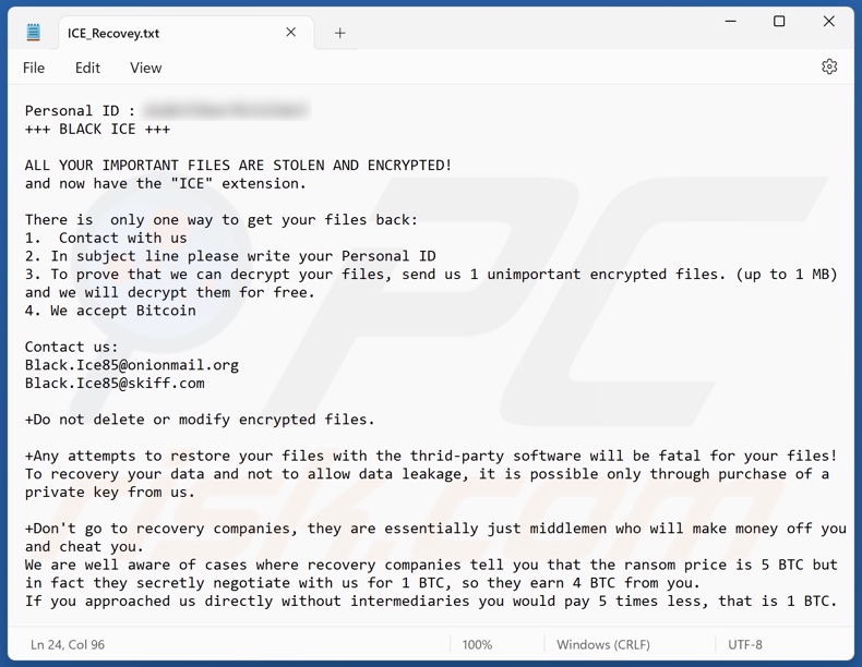 Schermata del file di testo del ransomware BLACK ICE (