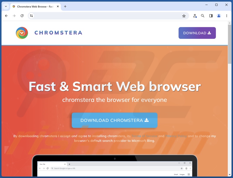 Screenshot del sito Web utilizzato per promuovere il browser Chromstera