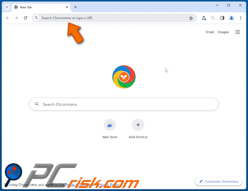 Aspetto del reindirizzamento del browser Chromstera tramite chromstera.com al motore di ricerca Bing (GIF)