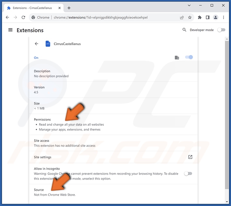 Informazioni dettagliate sull'estensione del browser CirrusCastellanus (incluse le autorizzazioni)