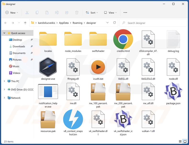 Cartella di installazione dell'adware Designer
