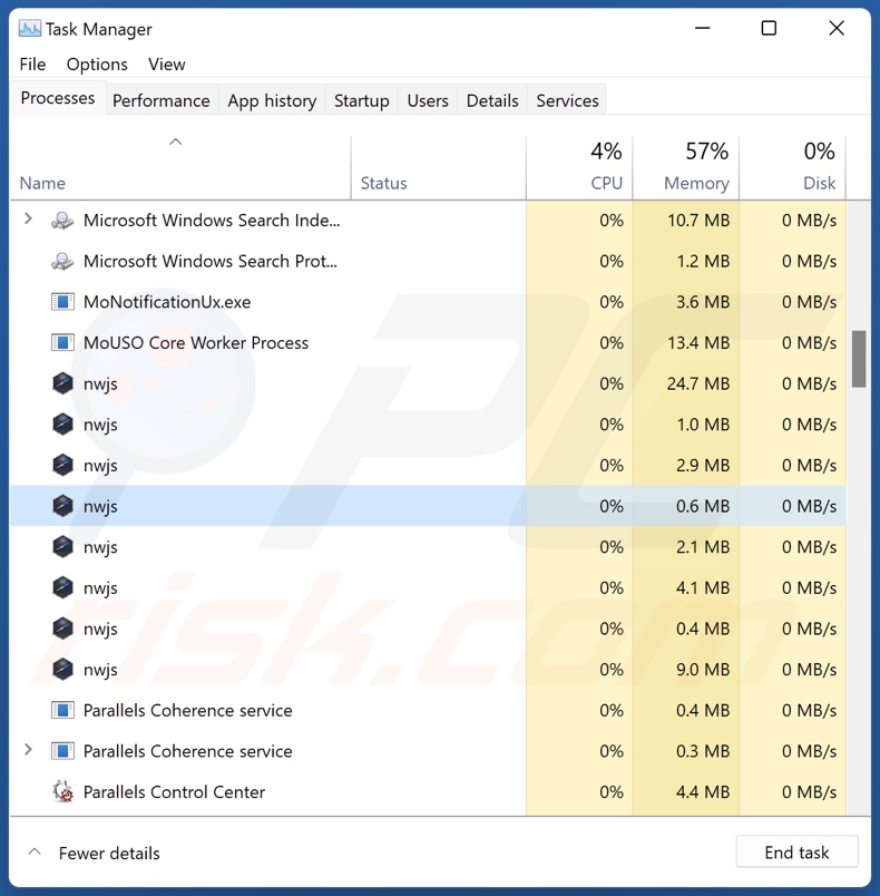 Schermata del processo dell'adware Designer su Task Manager di Windows (nome del processo 