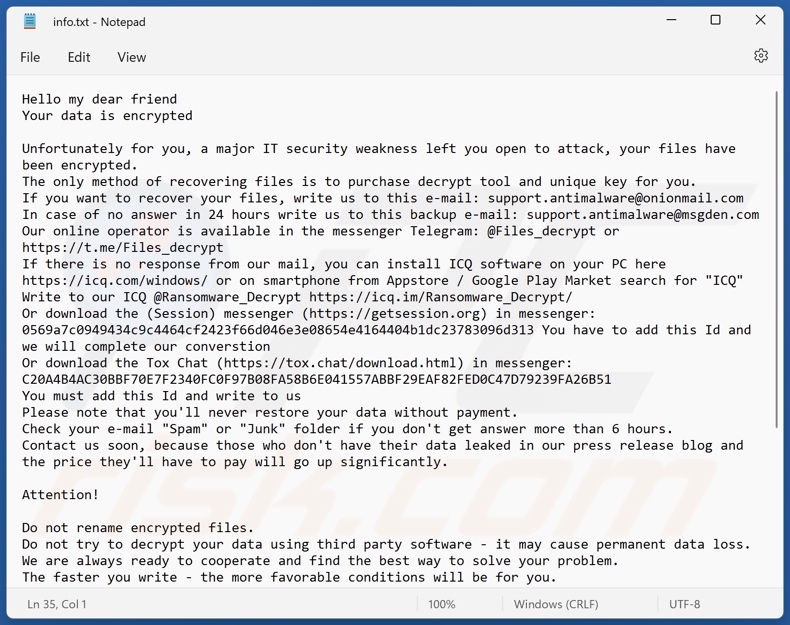 Screenshot del file di testo del ransomware G-STARS (Phobos) (