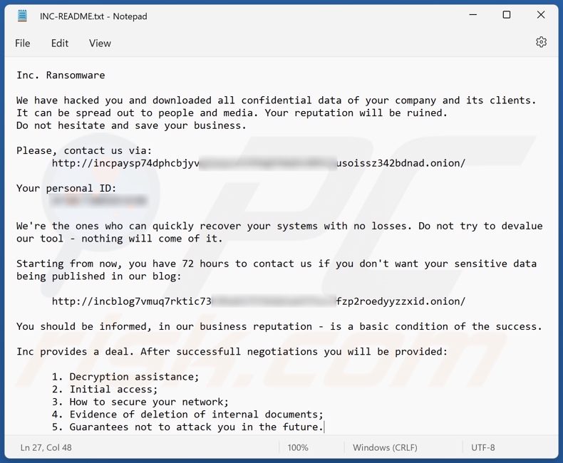 Schermata del file di testo del ransomware INC  (