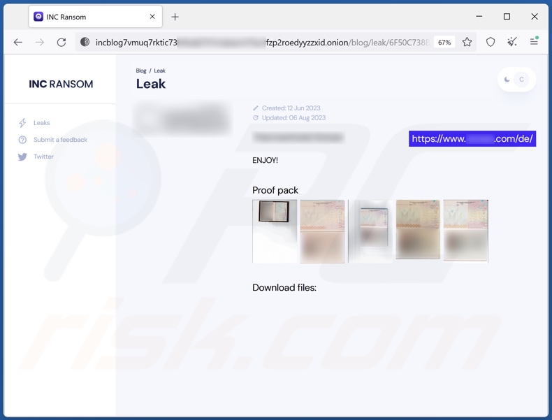 Screenshot del sito Web di fuga di dati di INC ransomware