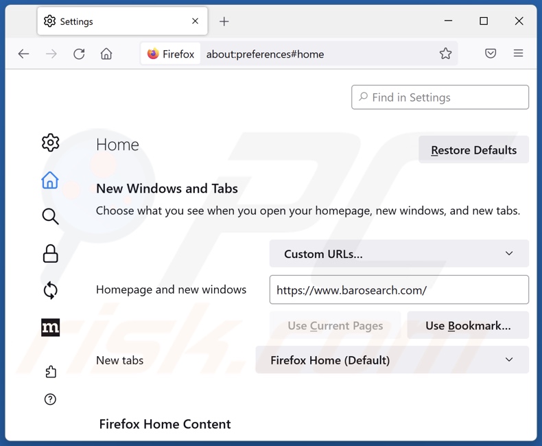 Rimozione barosearch.com dalla home page di Mozilla Firefox