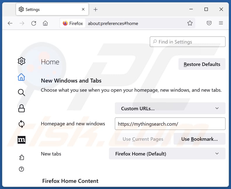 Rimozione di mytingsearch.com dalla home page di Mozilla Firefox