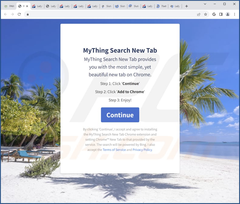 Sito Web che promuove il dirottatore del browser MyThing Search New Tab