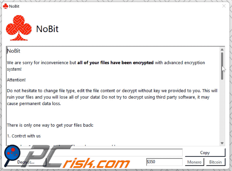 Aspetto della finestra pop-up del ransomware NoBit (GIF):