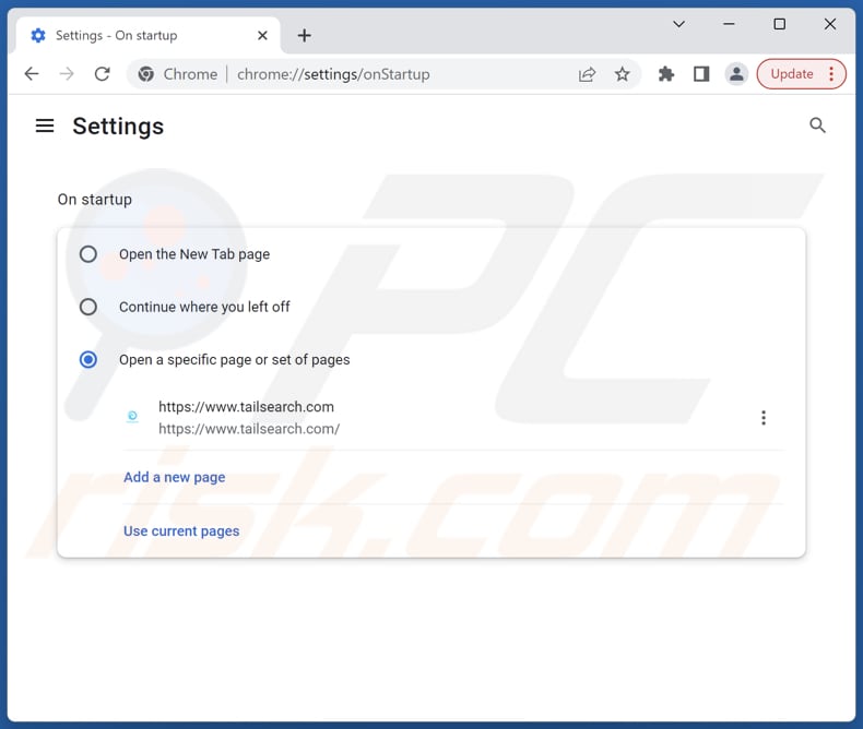 Rimozione di tailsearch.com dalla home page di Google Chrome
