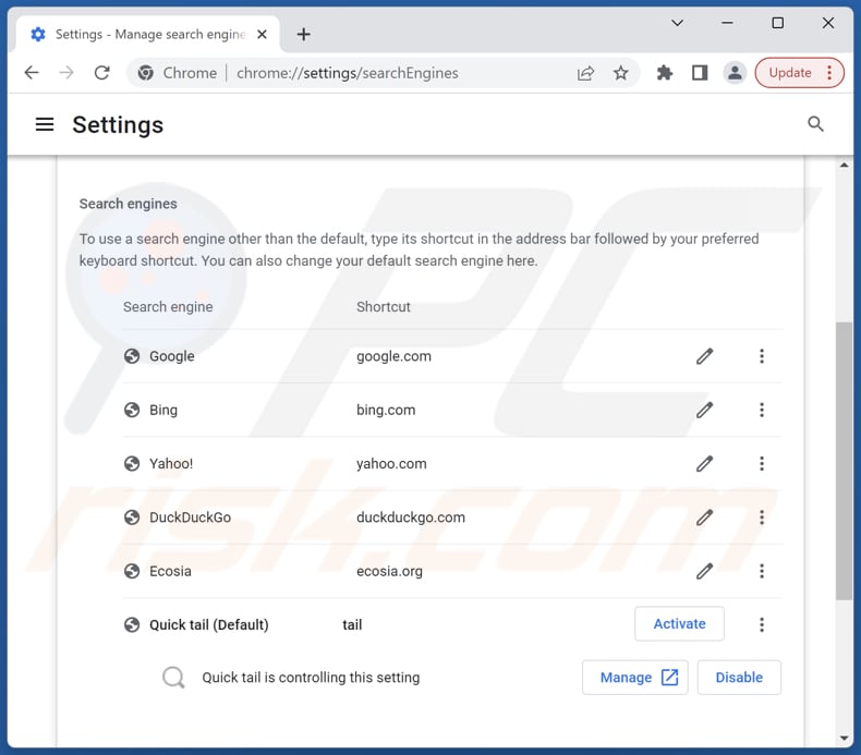 Rimozione tailsearch.com dal motore di ricerca predefinito di Google Chrome