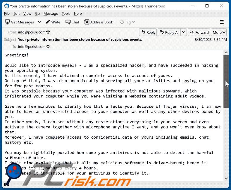 Aspetto dell'email spam Specialized Hacker Succeeded In Hacking Your Operating System