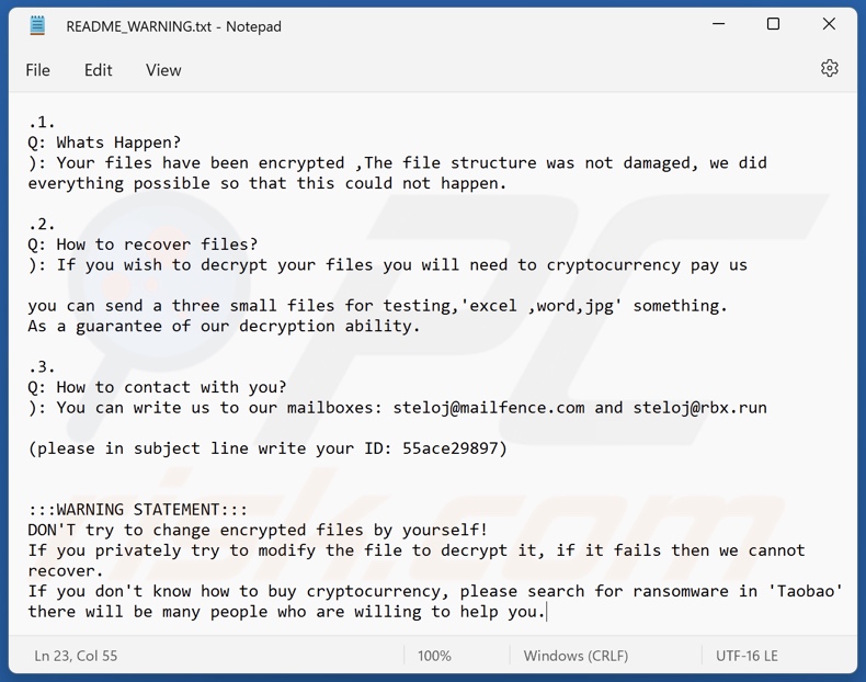 Screenshot del file di testo del ransomware Steloj (