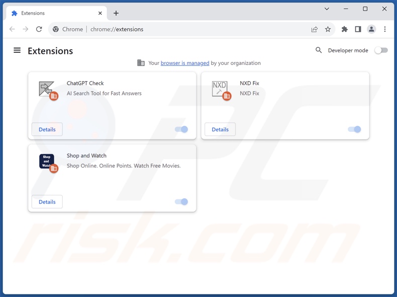 Screenshot delle estensioni del browser non autorizzate installate insieme all'adware AdAssistant