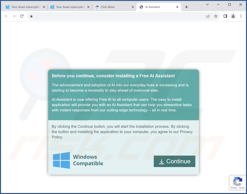 Screenshot di un sito web ingannevole che promuove un programma di installazione contenente l'adware AdAssistant