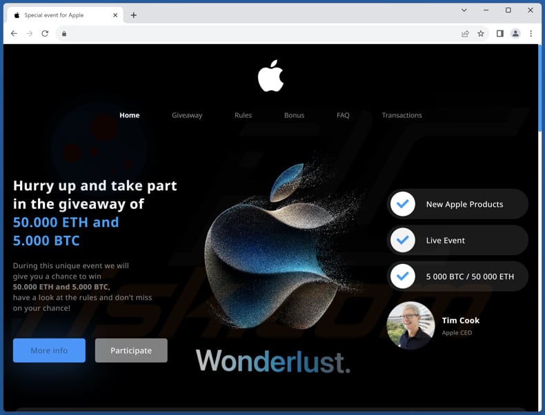 Screenshot della seconda variante della truffa Apple Crypto Giveaway