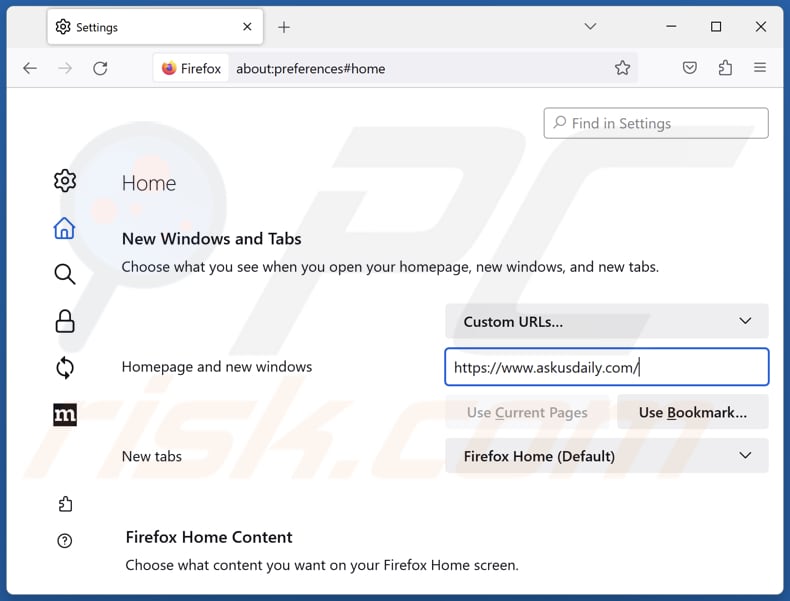 Rimozione di askusdaily.com dalla home page di Mozilla Firefox