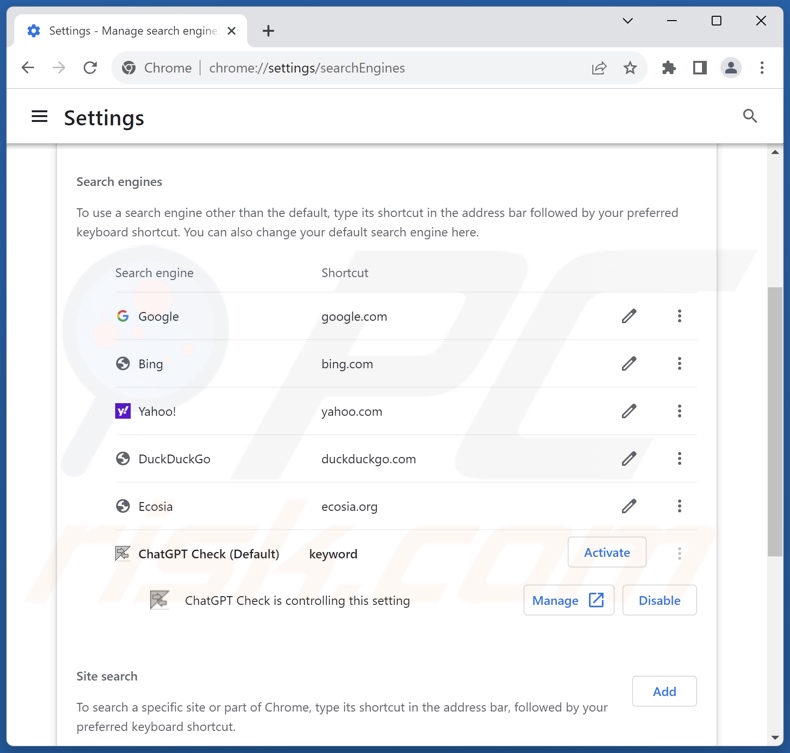 Rimozione chatcheckext.com dal motore di ricerca predefinito di Google Chrome