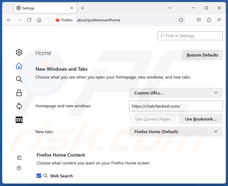 Rimozione chatcheckext.com dalla home page di Mozilla Firefox